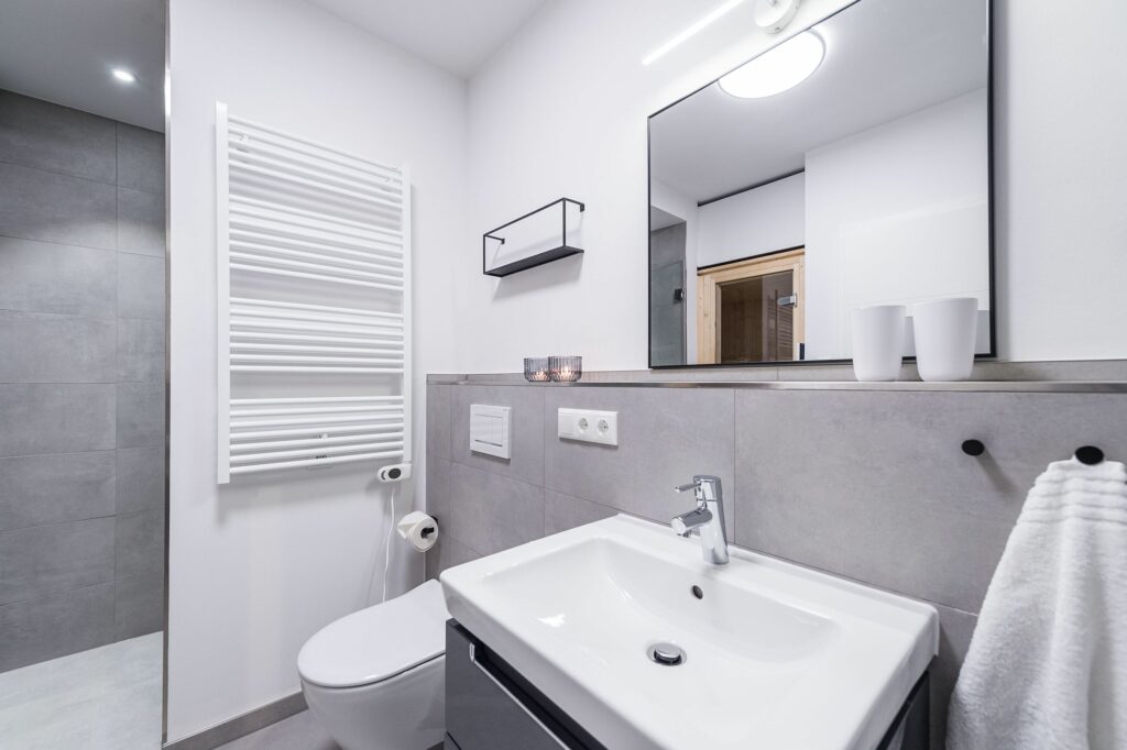 Badezimmer mit Handtuchhalter, Toilette und Dusche in Ferienwohnung Grömitz