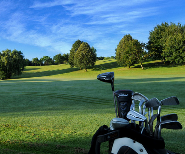 verschiedene Golfschläger auf einem Golfplatz